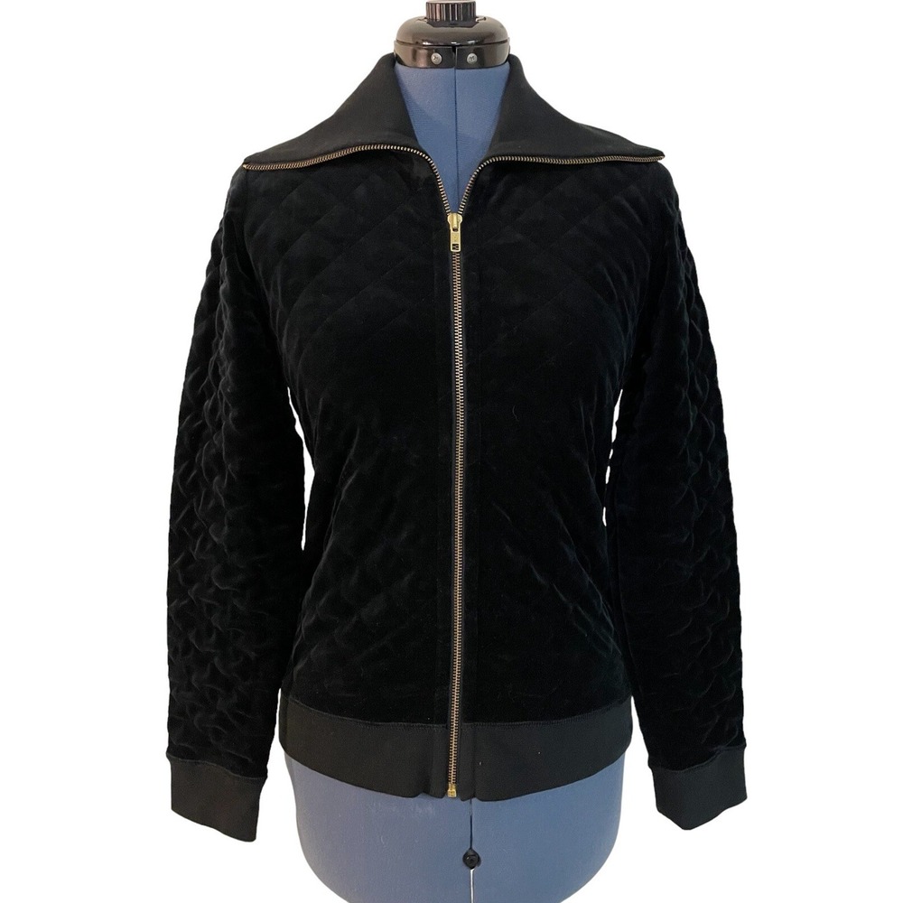 Burberry London Women's Black Velvet Quilted Zip Track Jacket Shawl Collar Y2K S
